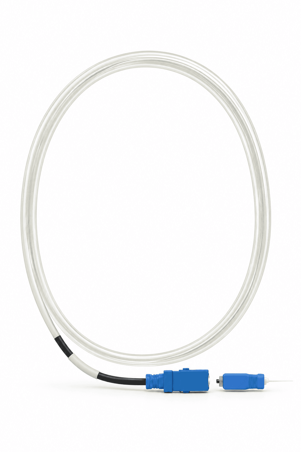 Ilustración de fibra óptica enrollada con conectores azules, basada en la referencia del catálogo